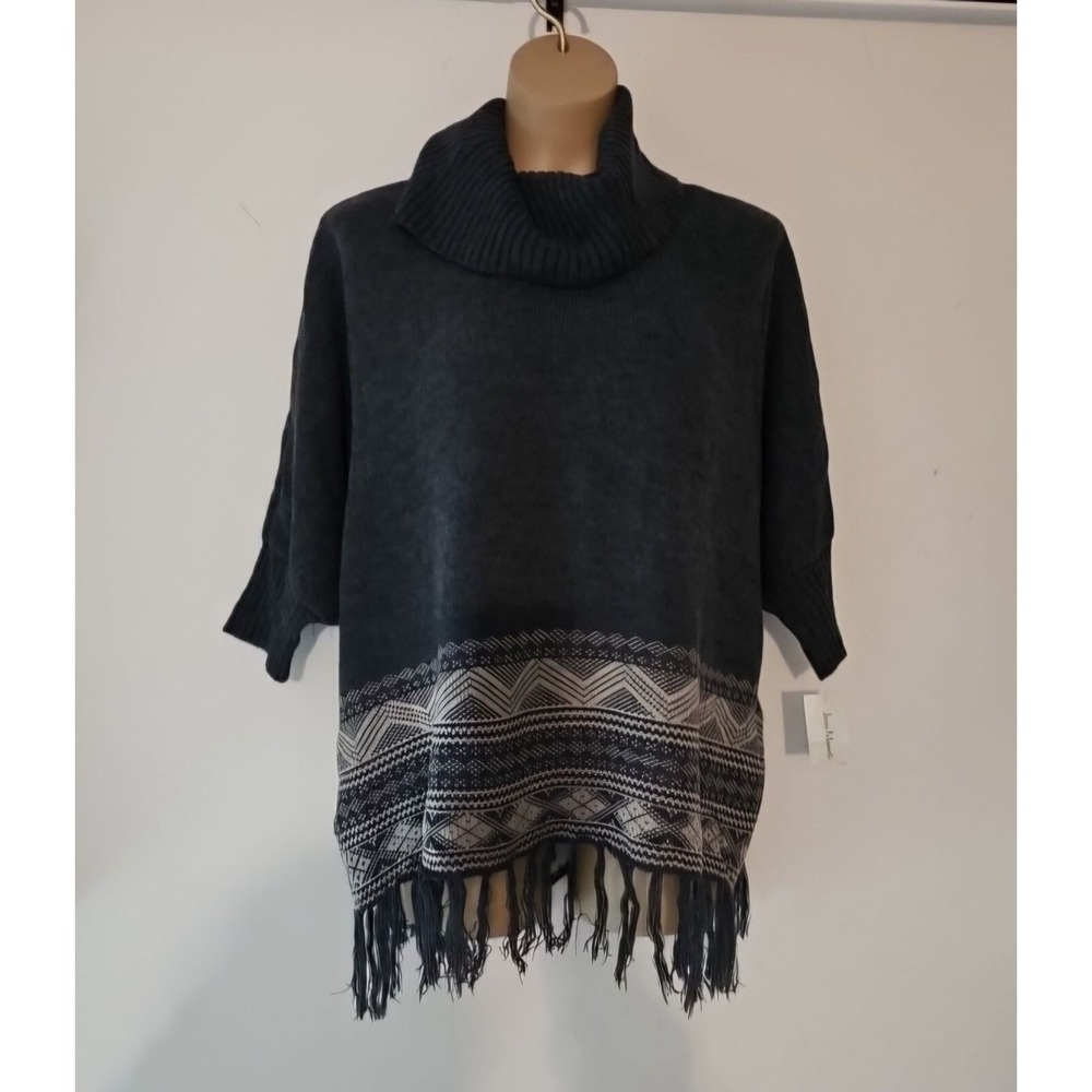 Jason Maxwell‎ XL Grey/Taupe Poncho Sweater With Fringe Hem & Cowl Neck
